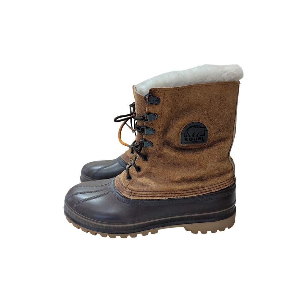 Sorel Kaufman Caribou Winter Boots Men 11 Brown Fur Lined Waterproof Steel Shank